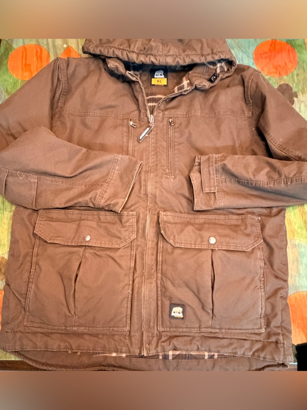 Berne Workwear Full Zip Hooded Work Coat Brown Heavy Duty XL Regular Jacket Heav